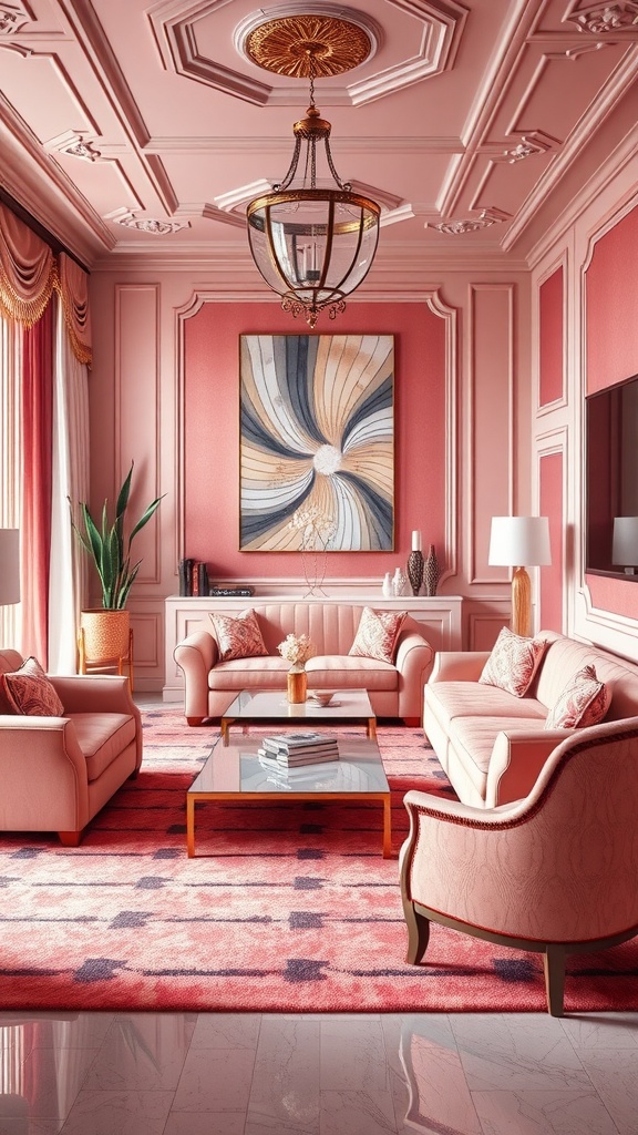 A stylish pink living room featuring Art Deco elements, with plush sofas, a chandelier, and an artistic wall piece.