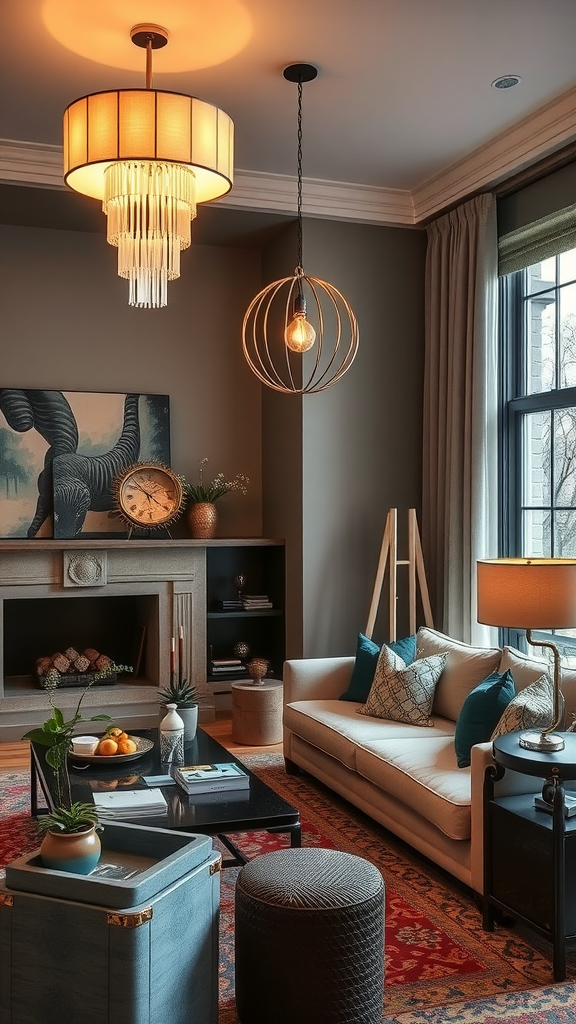 A cozy living room with stylish pendant lighting and a warm atmosphere.