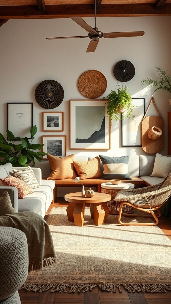 A cozy living room featuring artisan crafted decor with soft couches, woven baskets on the wall, and a wooden coffee table.