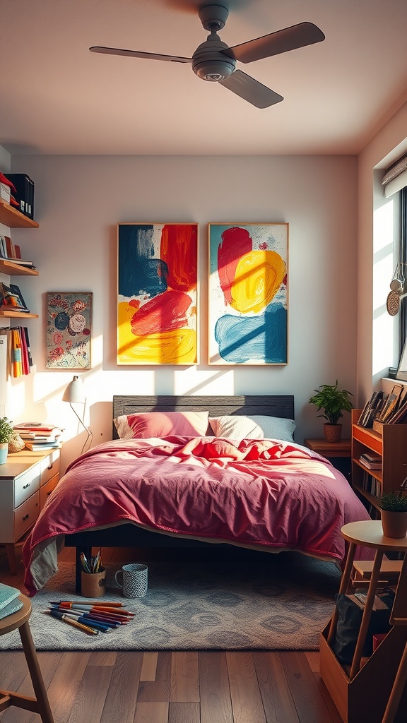 A creatively decorated bedroom with colorful artwork on the walls and a cozy bed.