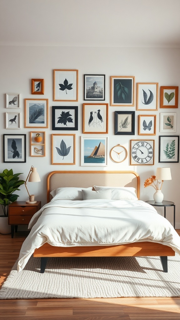 A cozy bedroom featuring a wooden framed bed, surrounded by an artistic wall decor of framed prints and a plant.