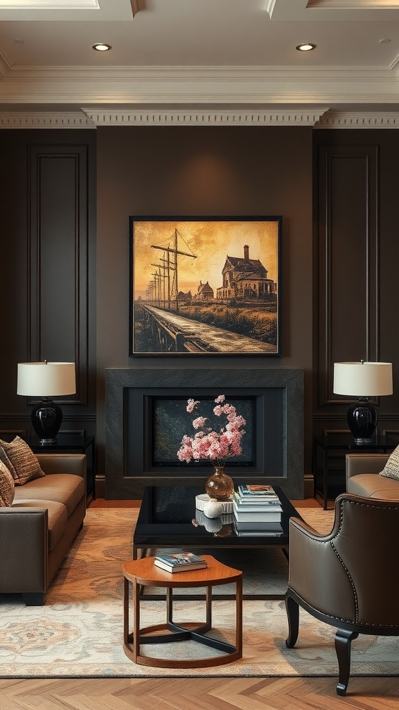 A cozy living room with dark earthy tones, featuring a painting of a figure on a horse.