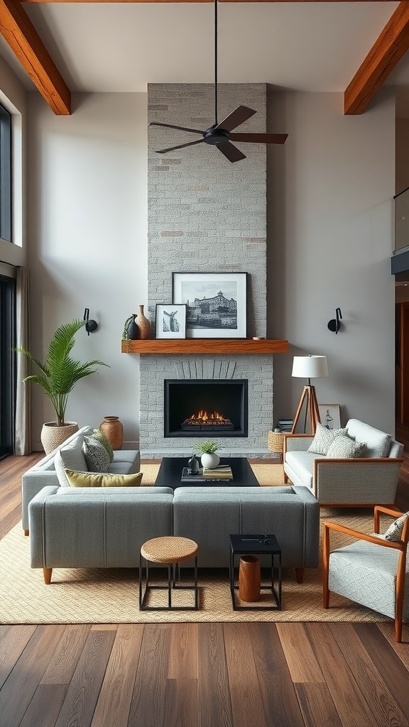 A cozy living room featuring a modern and rustic design with a stone fireplace and wooden accents.