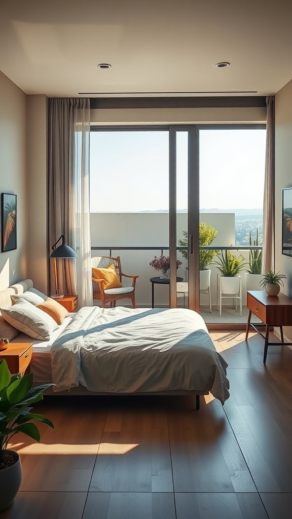 A bright bedroom with large windows opening to a terrace filled with plants.