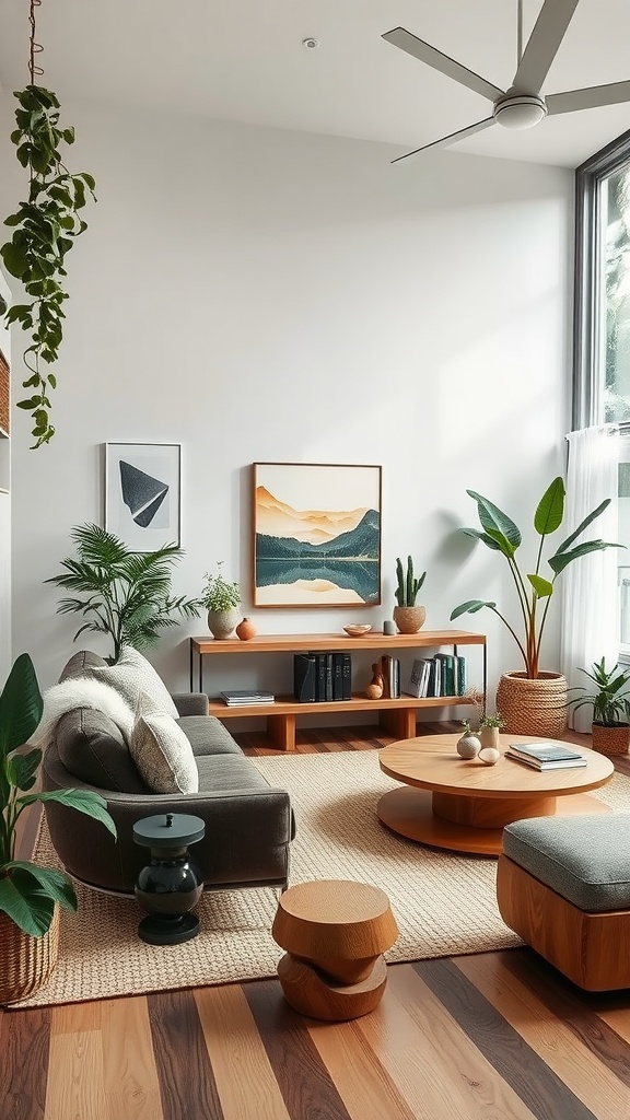 Bright living room with plants, cozy furniture, and natural light.