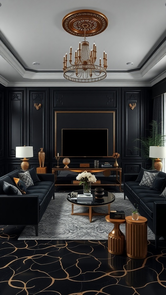 A black living room with gold accents, featuring a chandelier, dark sofas, and stylish decor.