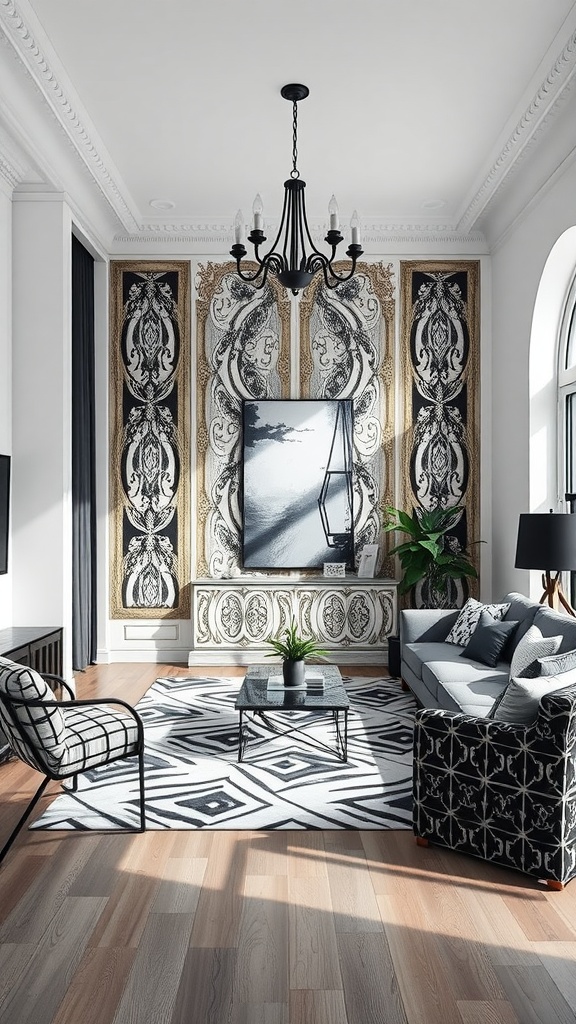 A stylish black and white living room featuring patterned wallpaper, geometric rug, and modern furniture.