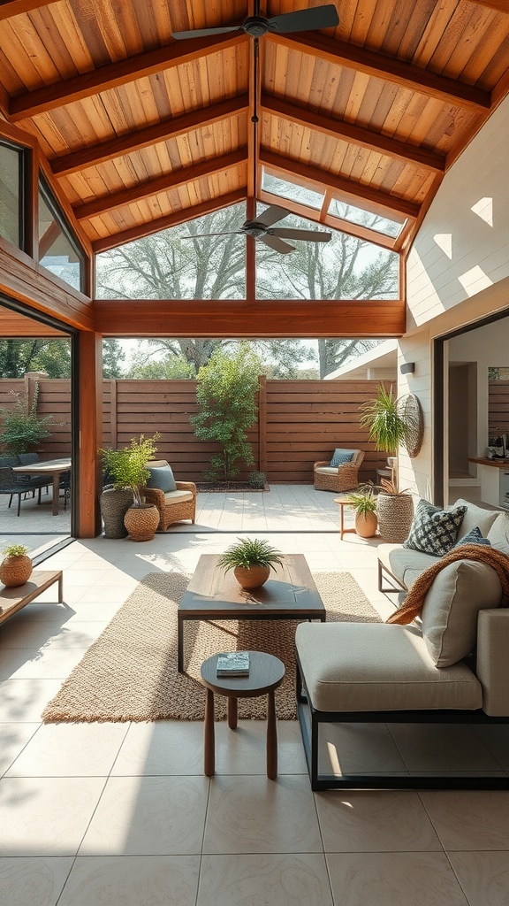 Bright and airy living room with large windows opening to an outdoor space, featuring comfortable seating and plants.