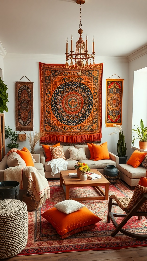 A cozy Bohemian living room featuring orange decor with a tapestry, pillows, and plants.