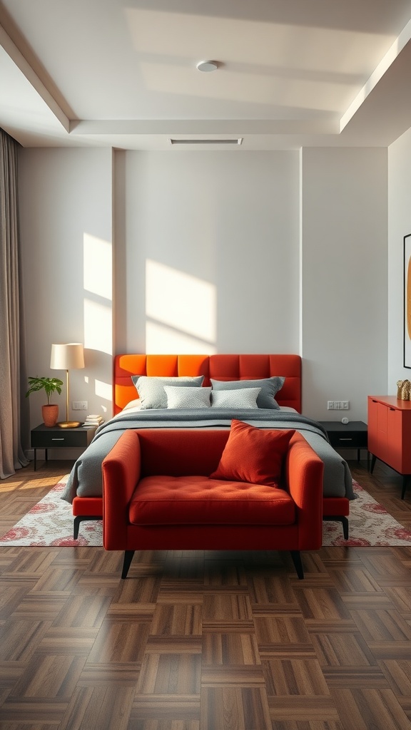 A modern bedroom featuring bold red accent furniture, including a headboard and chair.