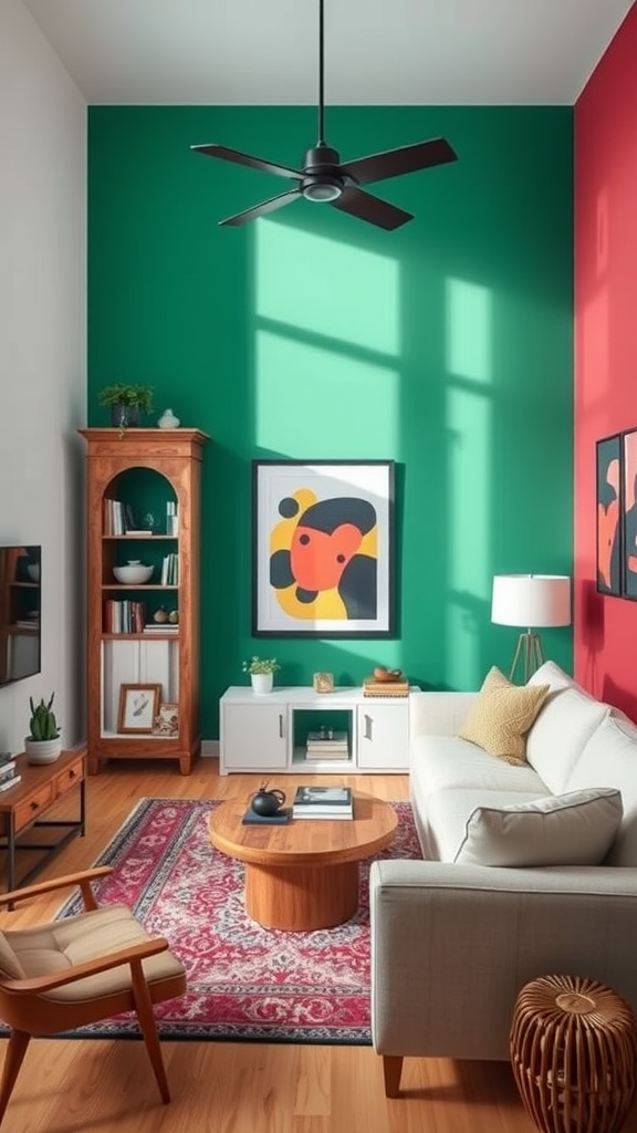 A small living room featuring a bold red accent wall, cozy sofa, and stylish decor.