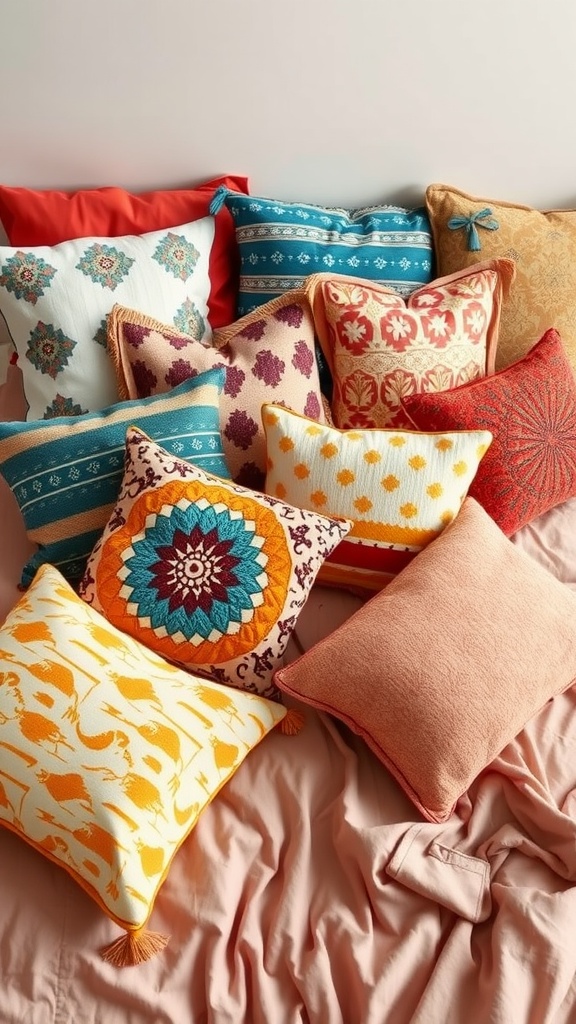 A variety of bold and colorful throw pillows arranged on a bed.