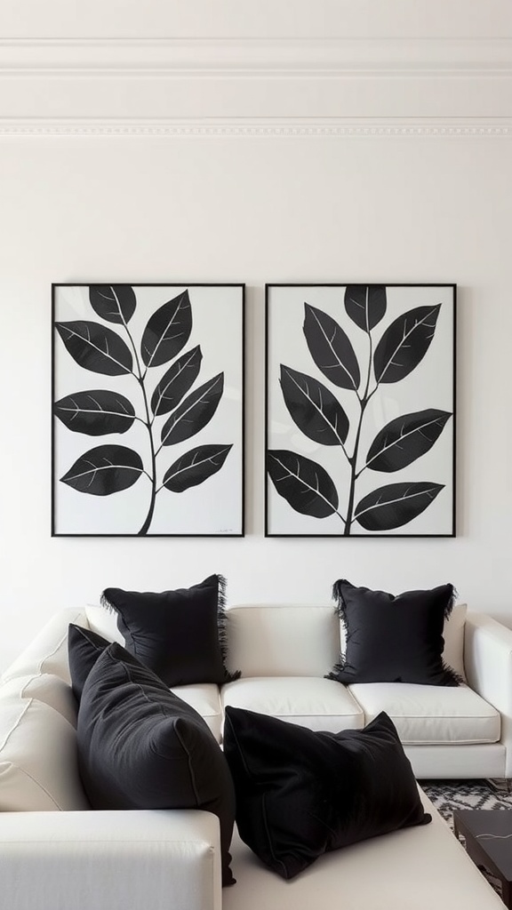 A stylish living room with two black wall art pieces on a white wall, featuring a silhouette and a leaf design.