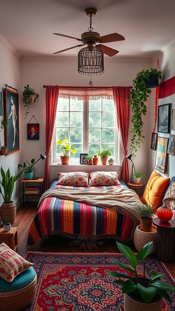 A vibrant bohemian bedroom with a bold color scheme, plants, and unique decor.