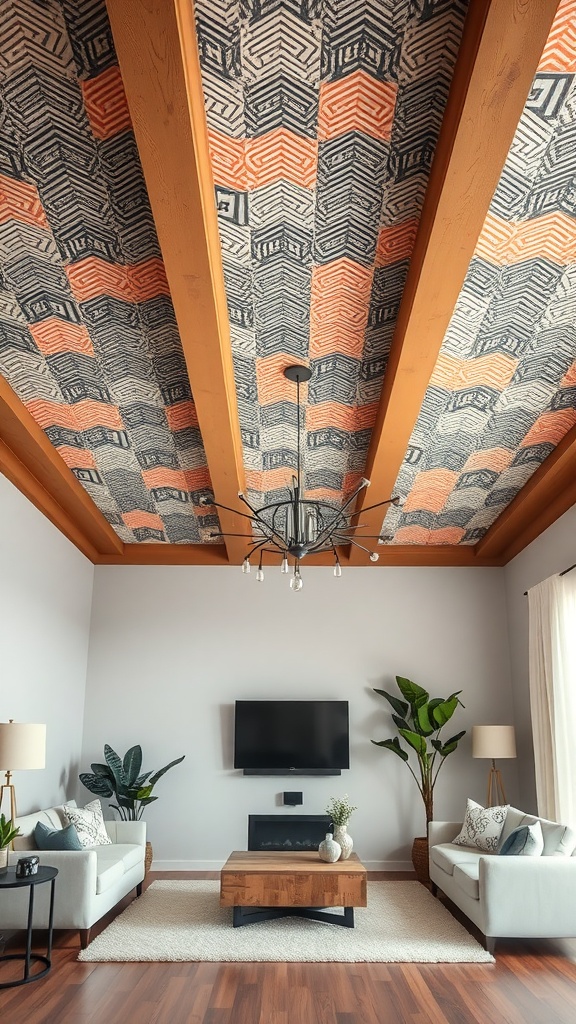 A stylish living room with a patterned ceiling and wooden beams.