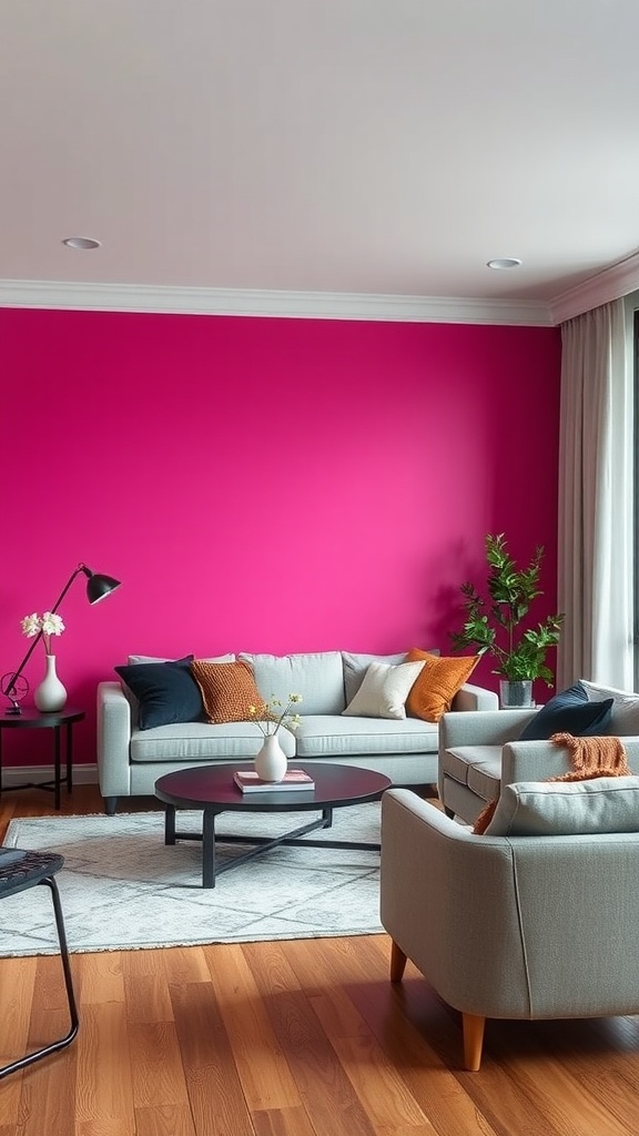 A modern living room featuring a bold hot pink statement wall with gray furniture and decorative accents.