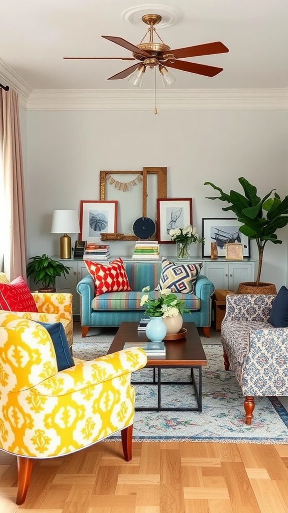 A colorful living room featuring various patterned upholstery on chairs and a couch.