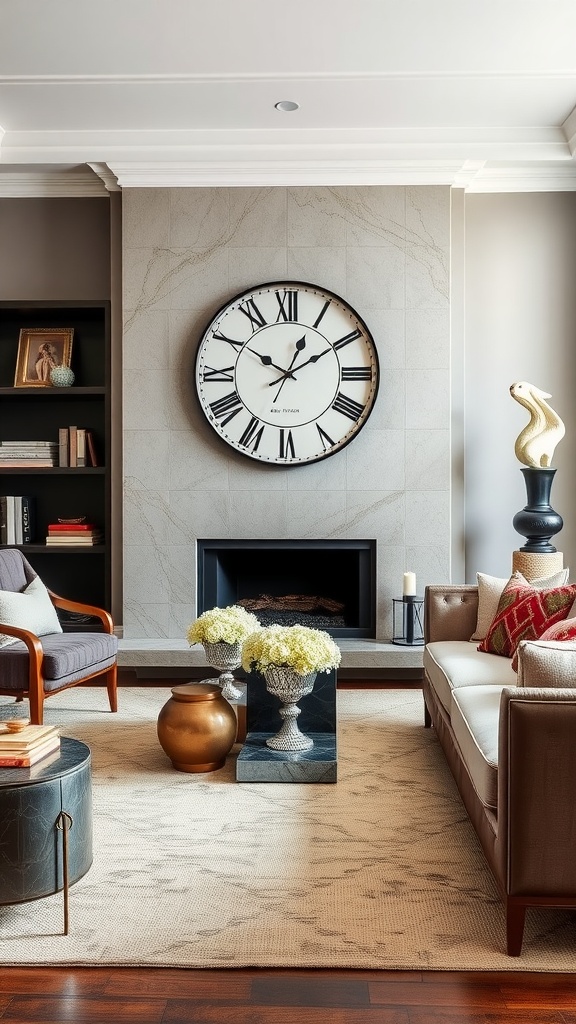 Stylish living room with bold accessories including a large clock and unique decor pieces.