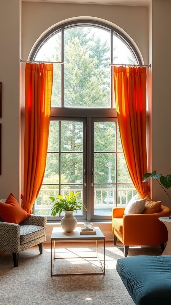 Living room with bold orange curtains and colorful furniture.