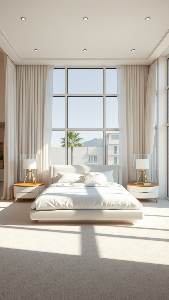 A bright bedroom with large windows, a wooden bed, and minimal decor