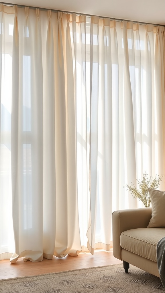 Light sheer curtains in a cozy living room, allowing natural light to filter in.