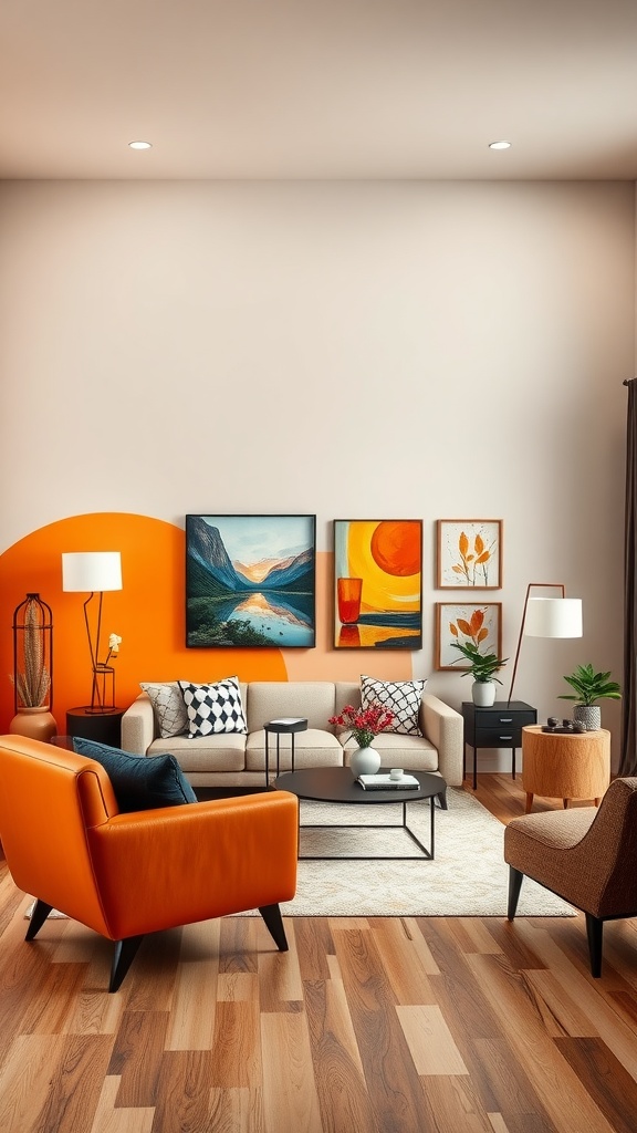 A bright orange accent wall in a living room with modern furniture and colorful artwork.