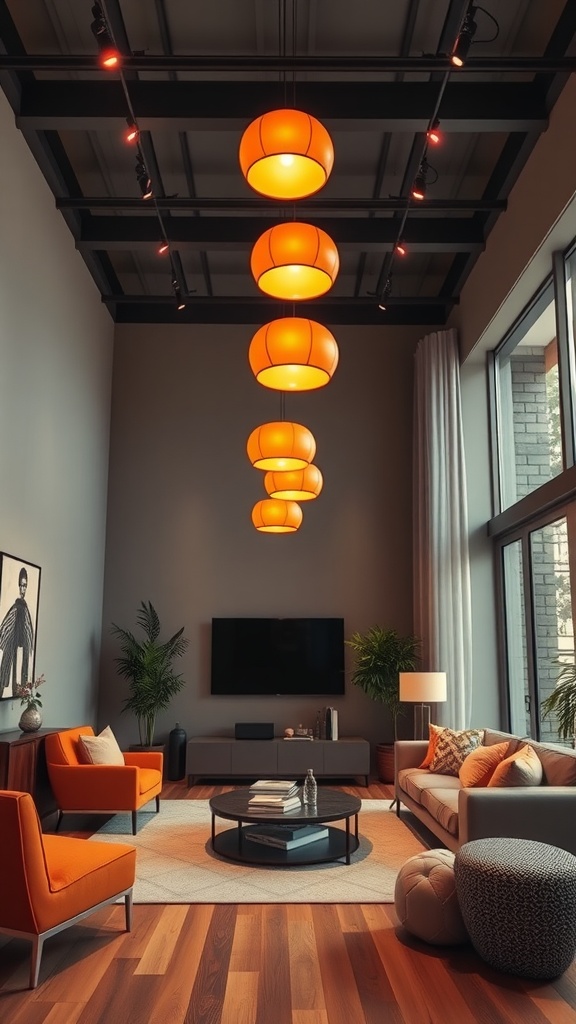 A modern living room with bright orange pendant lighting fixtures hanging from the ceiling, complemented by orange furniture accents.