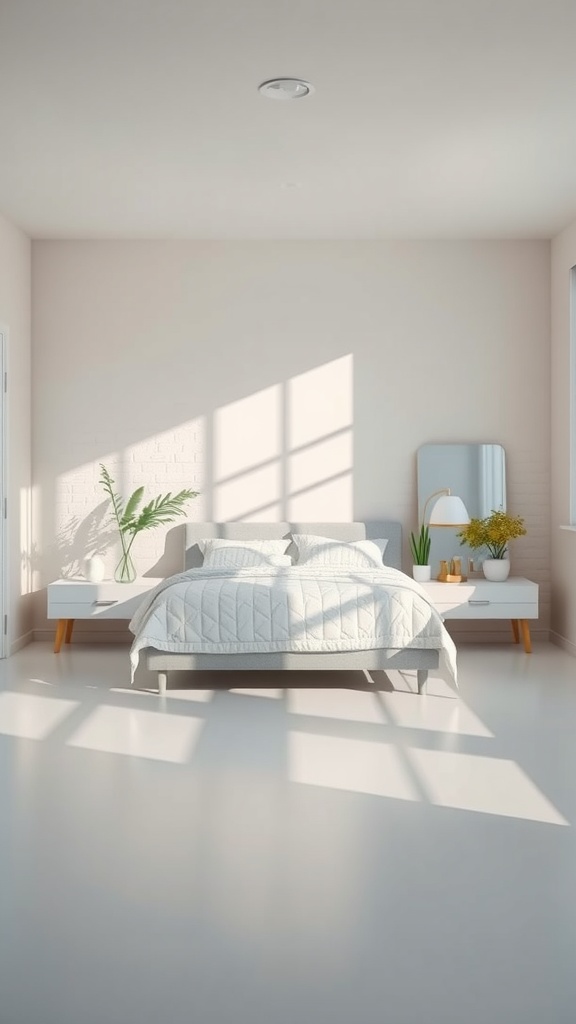 Bright and airy bedroom with light walls and sunlight streaming in.