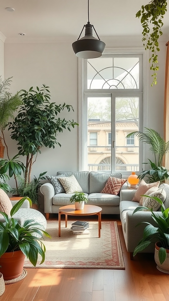 Cozy living room with plants, comfortable seating, and warm lighting