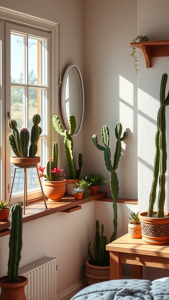 Cozy bedroom corner with various cacti and succulents on window sill and shelf.