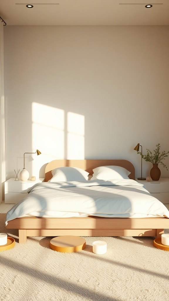 A serene bedroom with a wooden bed, highlighted by soft light and calming decor.