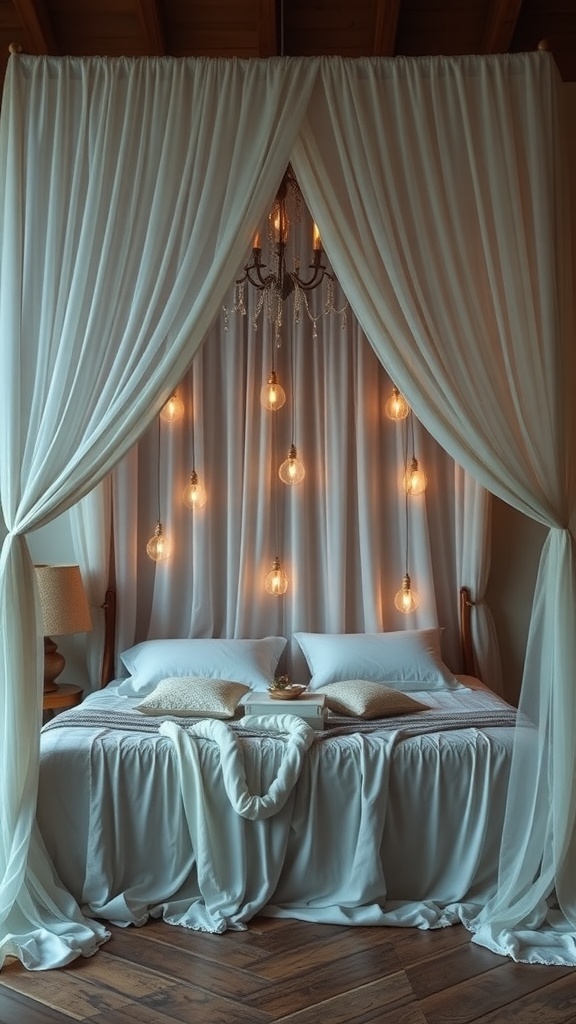 A beautifully styled canopy bed with soft drapes and warm pendant lights.