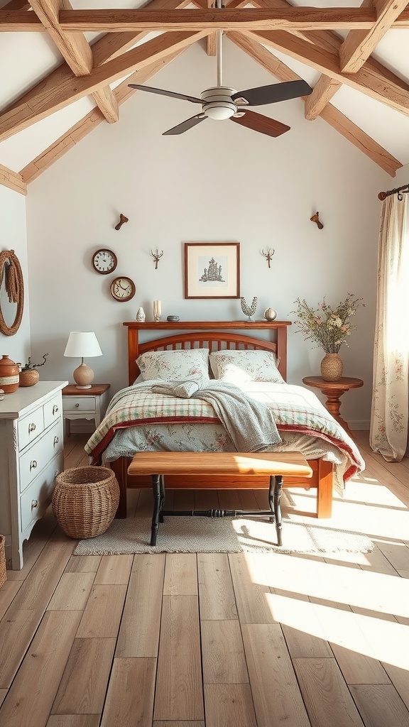 A cozy bedroom with wooden beams, floral bedding, and warm lighting, creating a charming cottage atmosphere.