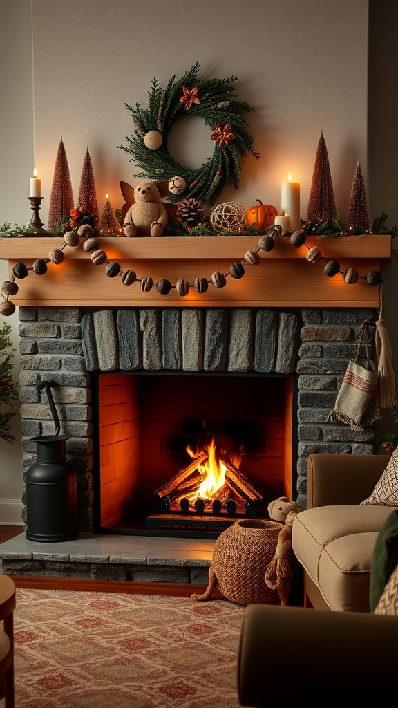 A cozy cottage living room featuring a charming fireplace with a stone façade, decorated mantel, and glowing flames.