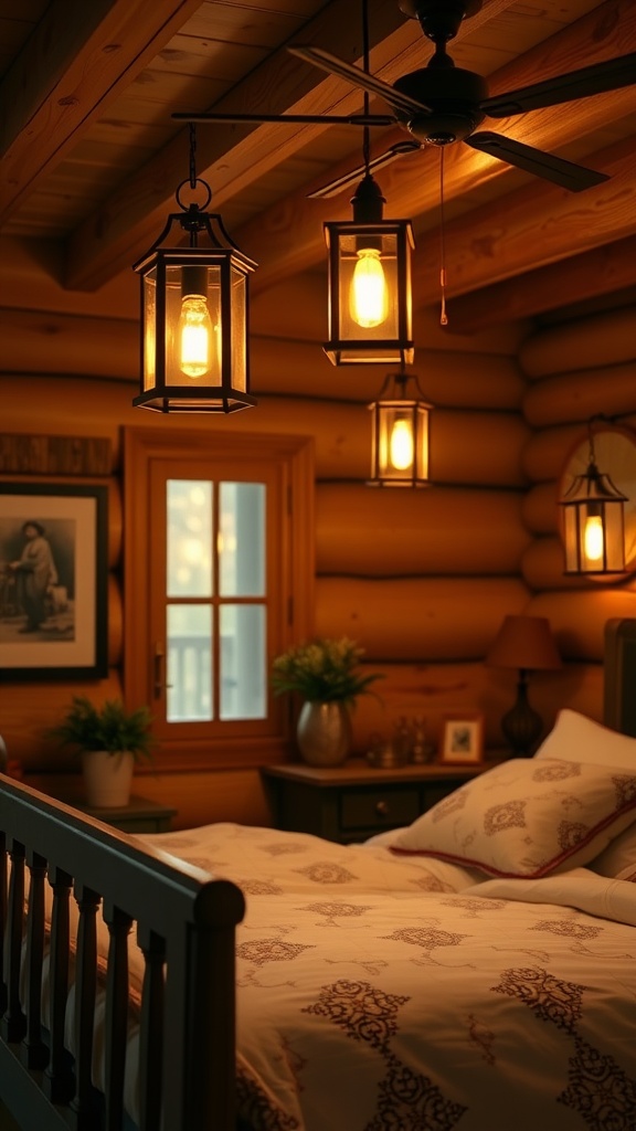 A cozy western bedroom with charming lantern lighting, featuring wooden walls and a comfortable bed.