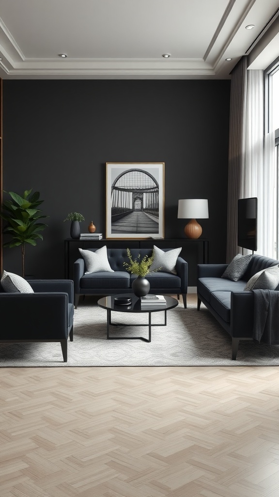 A chic black living room featuring dark blue sofas, a black coffee table, and decorative accents.