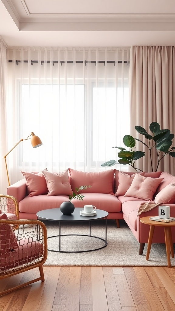 Chic blush living room with pink sectional sofa, round coffee table, and natural light