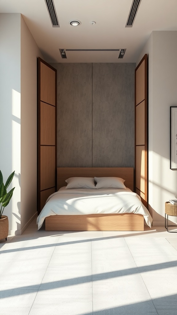 A cozy bedroom featuring a stylish wooden folding screen that creates division in the space.