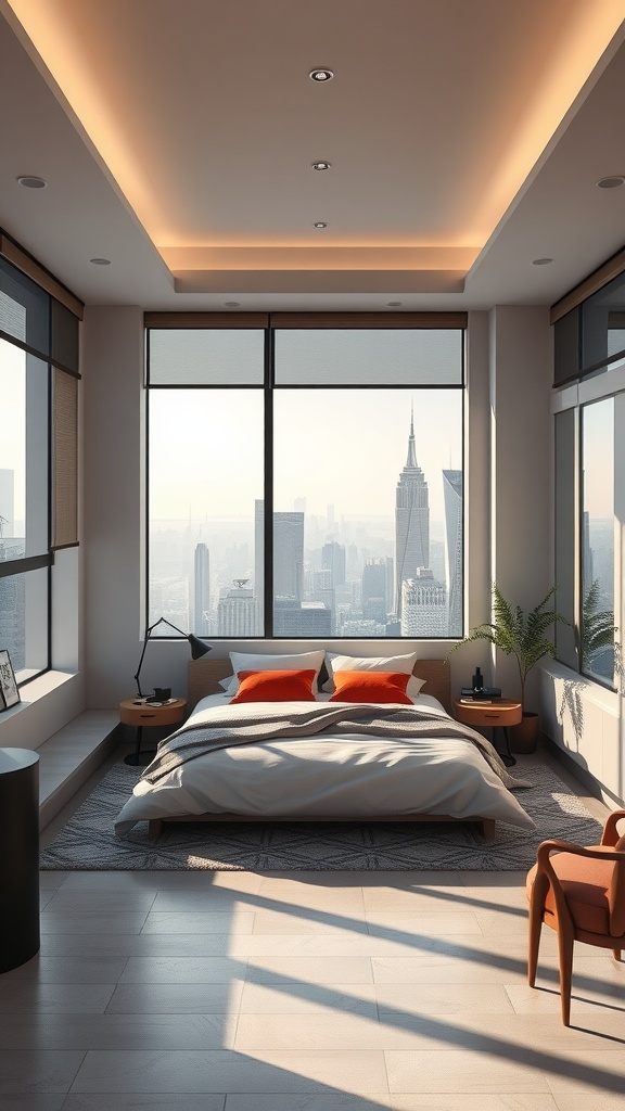 Chic urban apartment bedroom with city skyline view, modern decor, and bright pillows