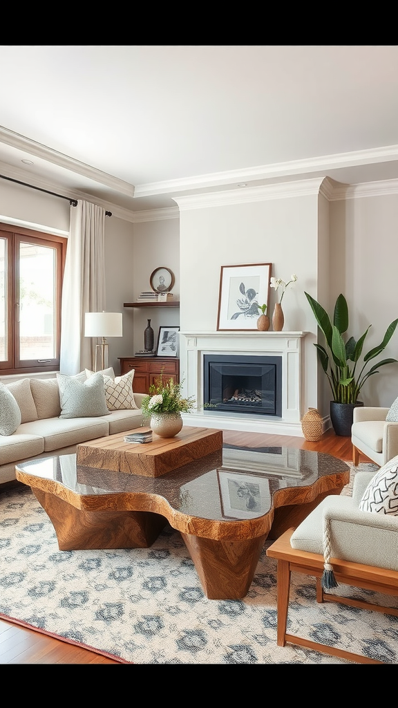 A stylish living room featuring a statement coffee table, cozy sofa, and decorative pillows.