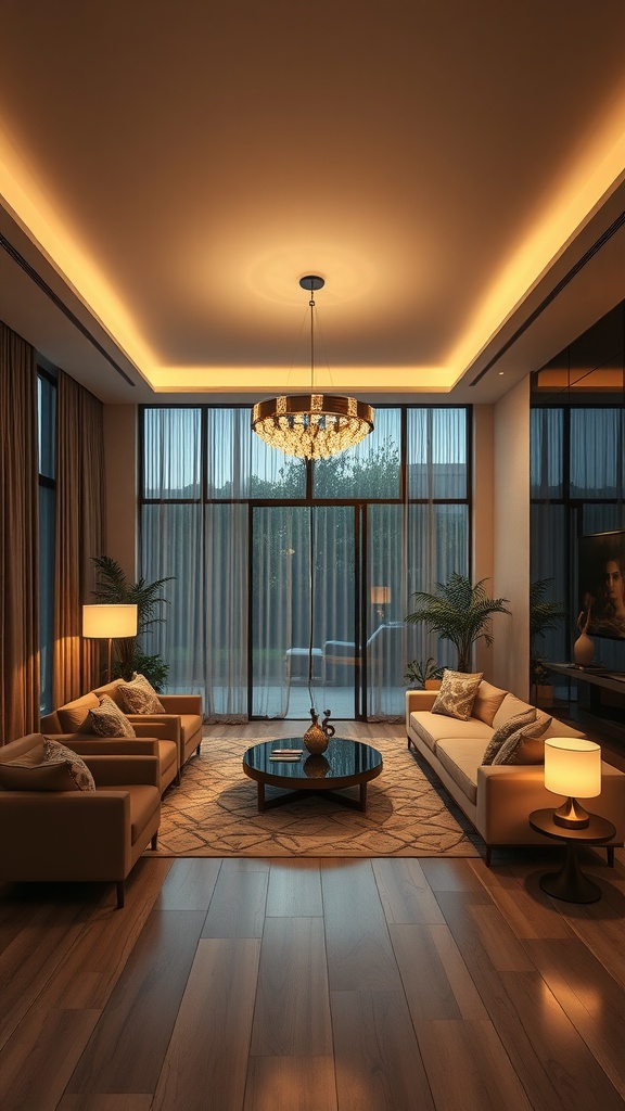 A beautifully lit living room featuring a chandelier and warm lighting.