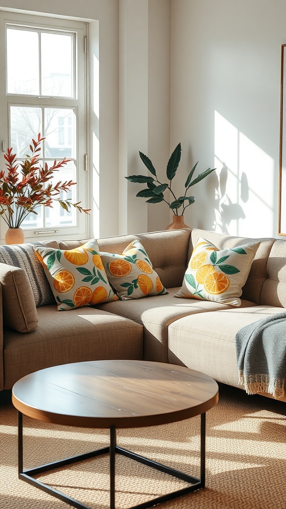 A cozy living room with a sofa featuring citrus-inspired throw pillows and a wooden coffee table.