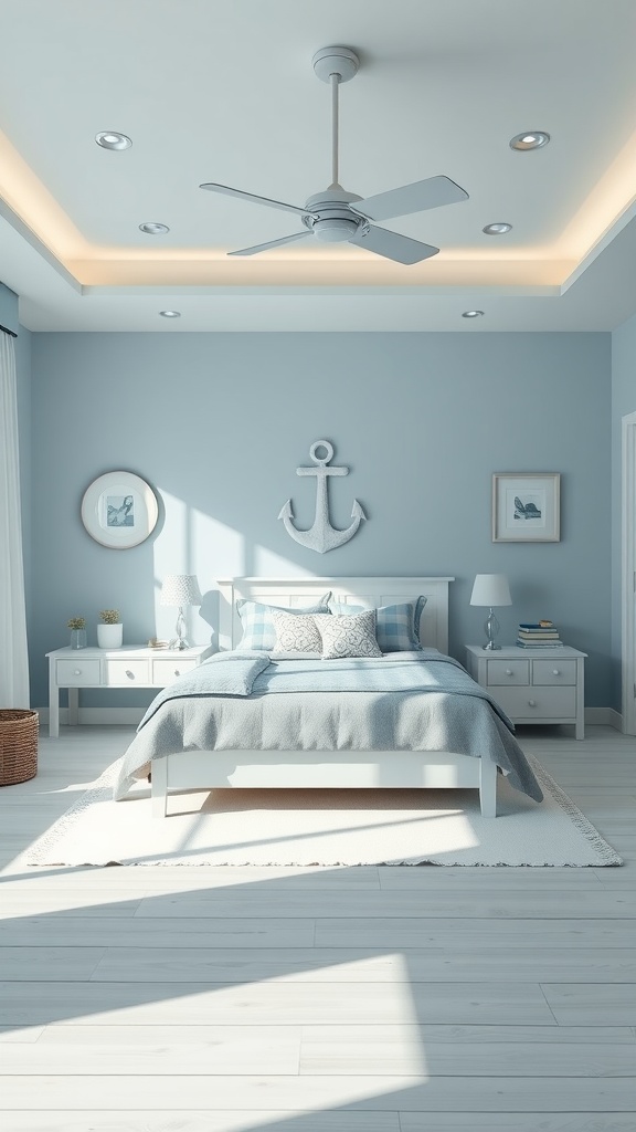 A serene bedroom featuring light blue walls, a wooden bed, and a view of the sea through large windows.