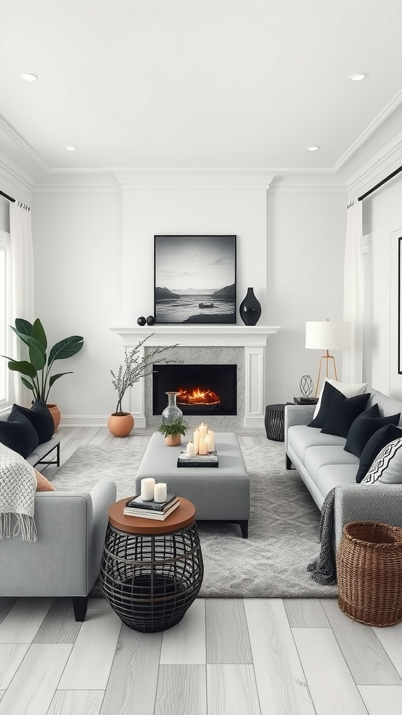 A modern coastal living room with light gray furniture, black accents, and a cozy fireplace.