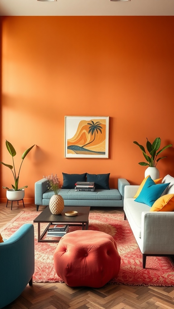 A stylish living room featuring a bold orange wall, teal and gray sofas, and colorful decorative pillows.