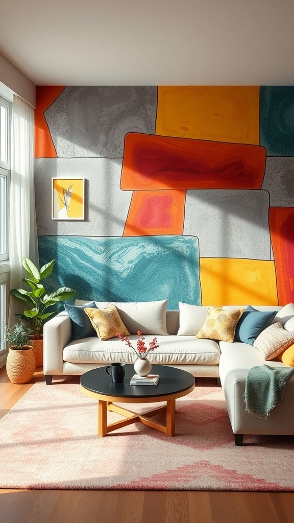 Cozy cottage living room with a colorful accent wall featuring bright orange, teal, and gray colors.