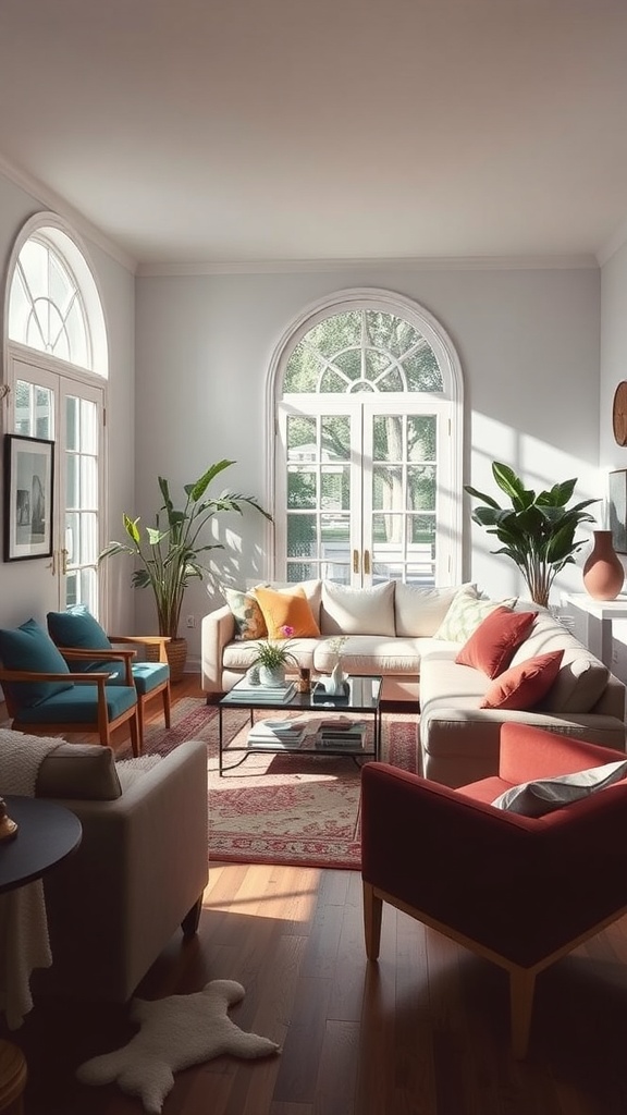 A cozy living room featuring a mix of seating styles, including a sofa and armchairs, with colorful cushions and natural light.