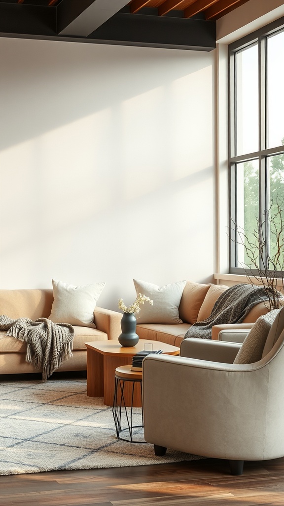 Cozy cottage living room with comfortable seating and natural light