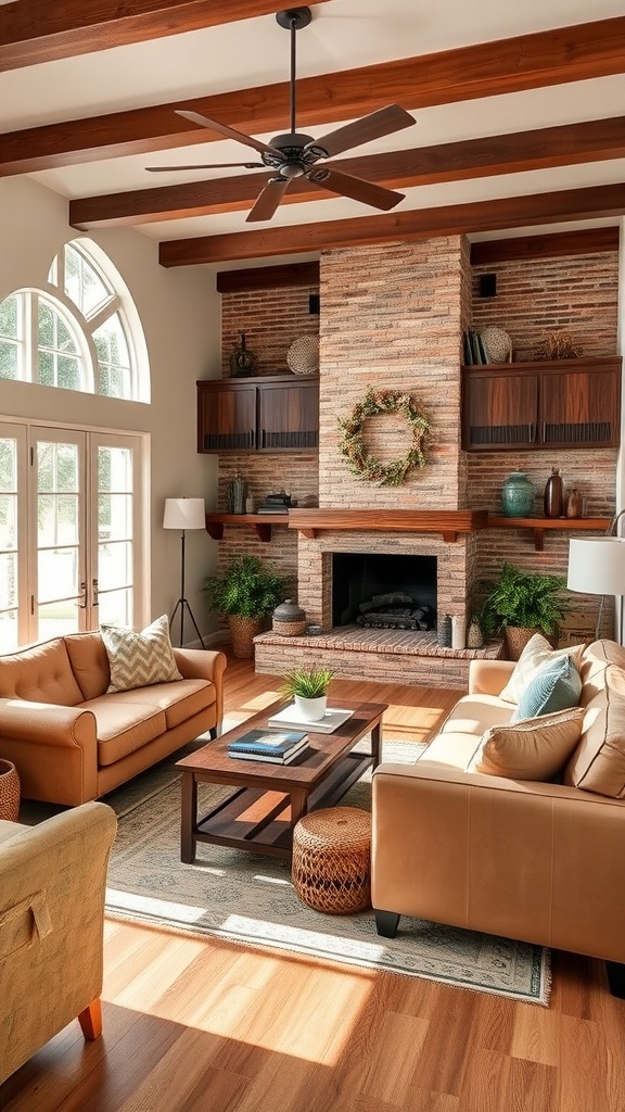 Cozy living room with earthy tones, comfortable seating, and warm decor