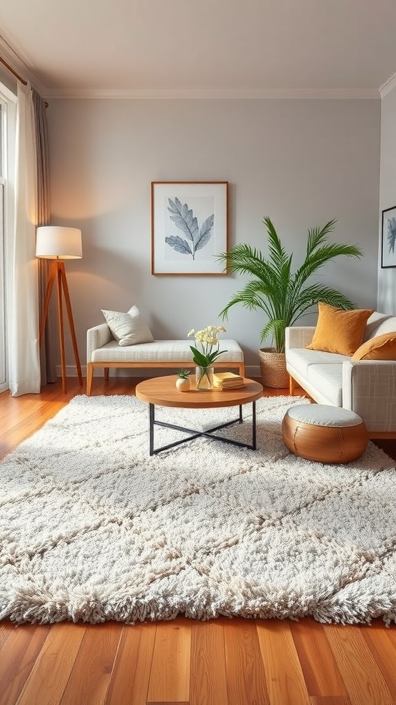 A cozy living room featuring a plush area rug, a coffee table, a sofa, and a plant.